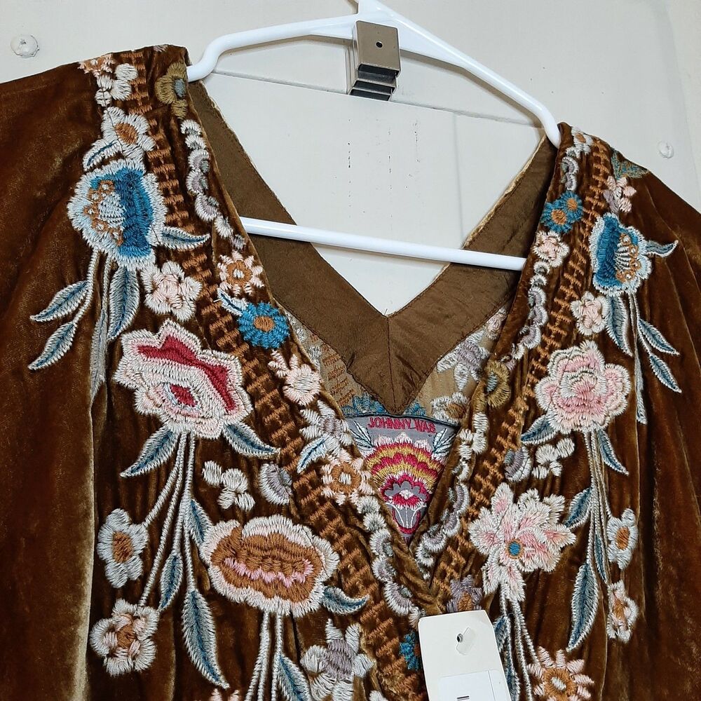 NEW Johnny Was Serafina Kaftan Dress Brown / Yellow Women M Embroidery Velvet - Picture 10 of 16